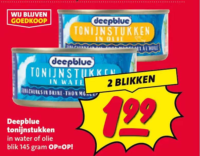 Deepblue tonijnstukken in water of olie blik 145 gram OP=OP! 2 blikken