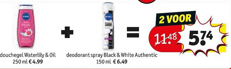 douchegel Waterlily & Oil 250 ml € 4.99 + deodorant spray Black & White Authentic 150 ml € 6.49 2 voor