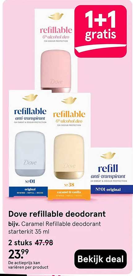 Dove refillable deodorant bijv. Caramel Refillable deodorant starterkit 35 ml 1+1 gratis
