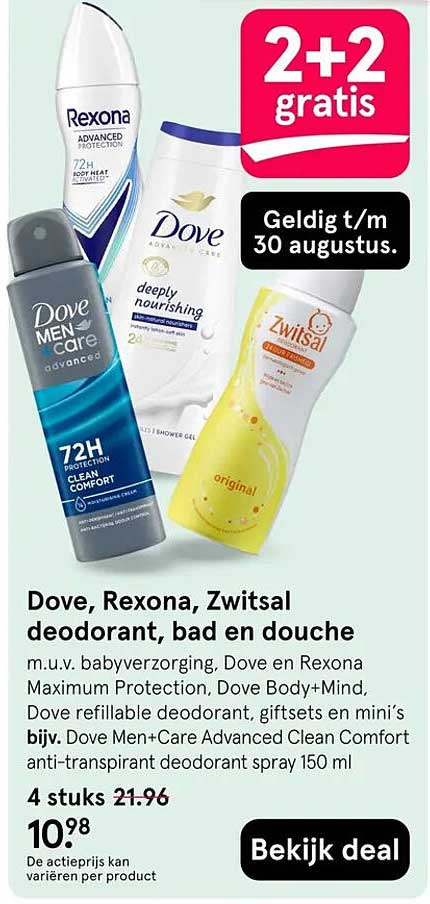 Dove, Rexona, Zwitsal deodorant, bad en douche 2+2 gratis