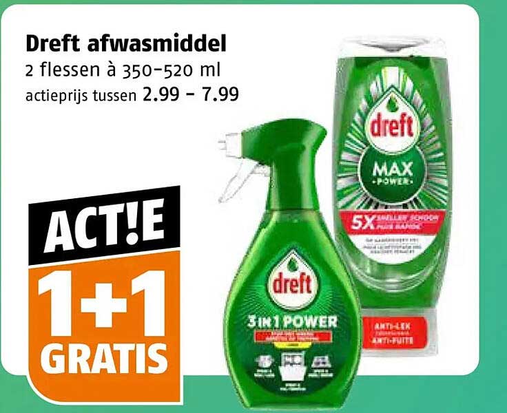 Dreft afwasmiddel 2 flessen à 350–520 ml ACTIE 1+1 GRATIS