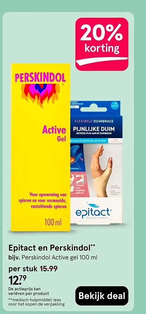 Epitact en Perskindol** bijv. Perskindol Active gel 100 ml 20% korting