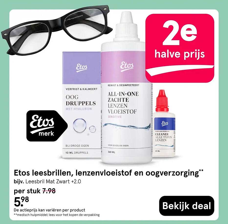 Etos leesbrillen, lenzenvloeistof en oogverzorging** 2e halve prijs