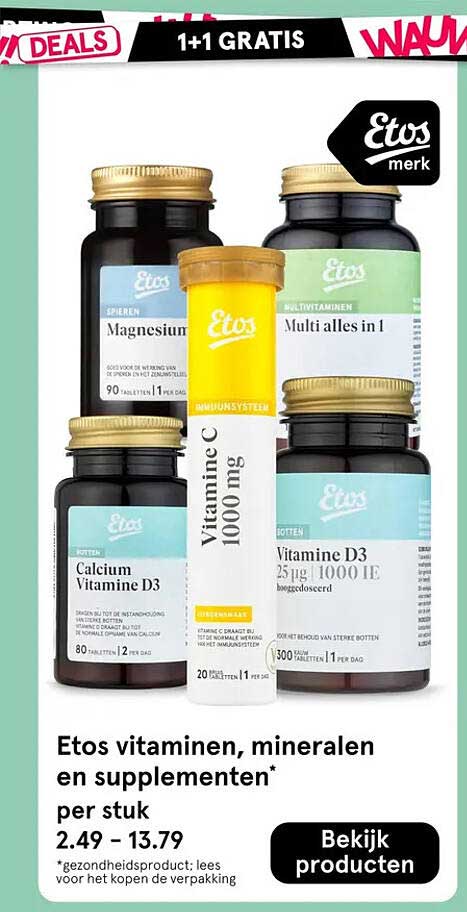 Etos vitaminen, mineralen en supplementen* per stuk 1+1 GRATIS