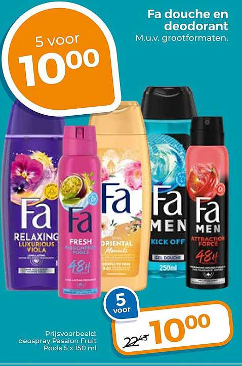 Fa douche en deodorant. M.u.v. grootformaten. 5 voor 10,00