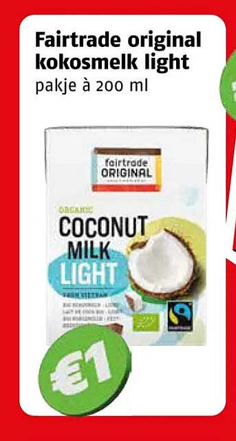 Fairtrade original kokosmelk light pakje à 200 ml