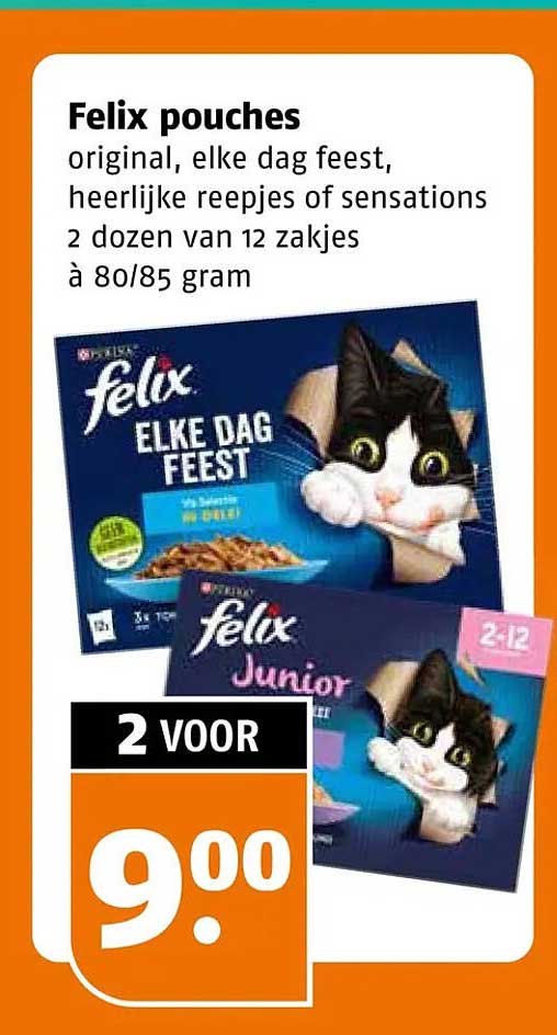 Felix pouches original, elke dag feest, heerlijke reepjes of sensations 2 dozen van 12 zakjes à 80/85 gram 2 voor