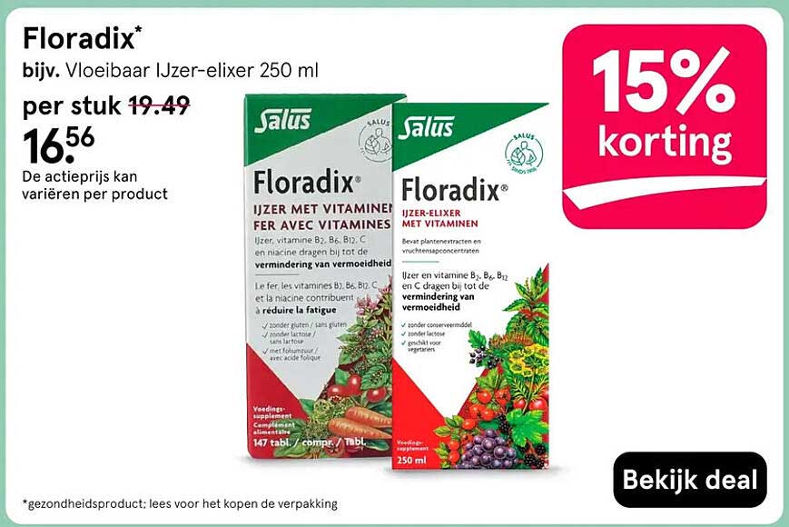 Floradix* bijv. Vloeibaar IJzer-elixer 250 ml 15% korting