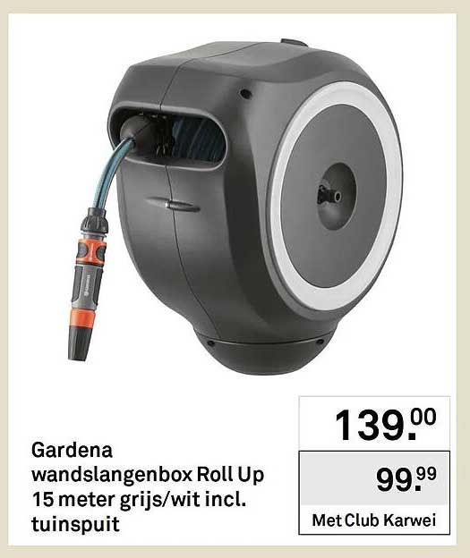 Gardena wandslangenbox Roll Up 15 meter grijs/wit incl. tuinspuit