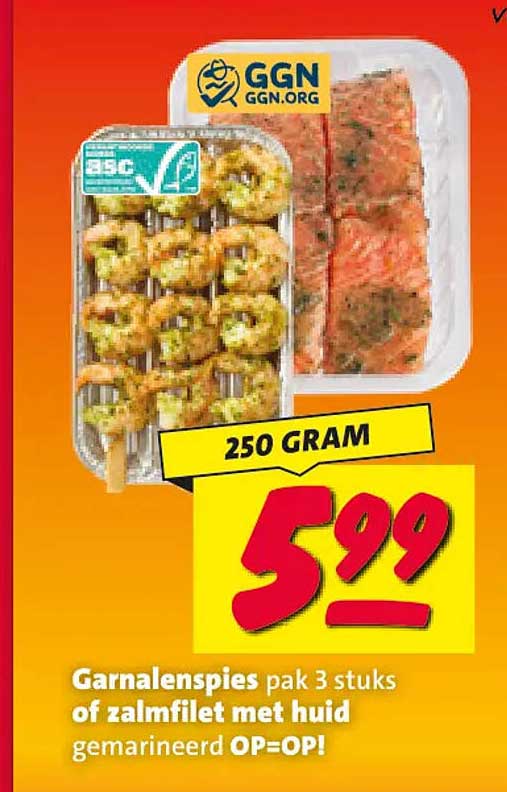Garnalenspies pak 3 stuks of zalmfilet met huid gemarineerd OP=OP!