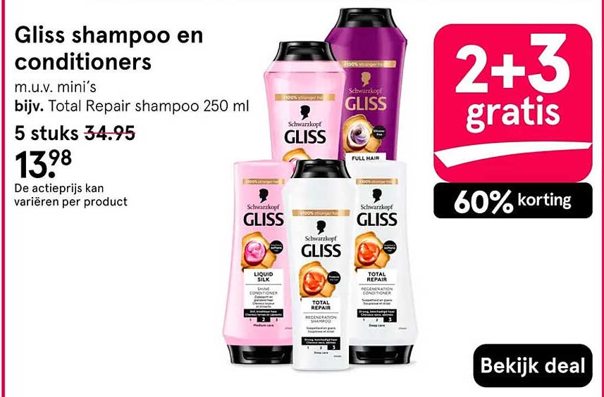 Gliss shampoo en conditioners 2+3 gratis