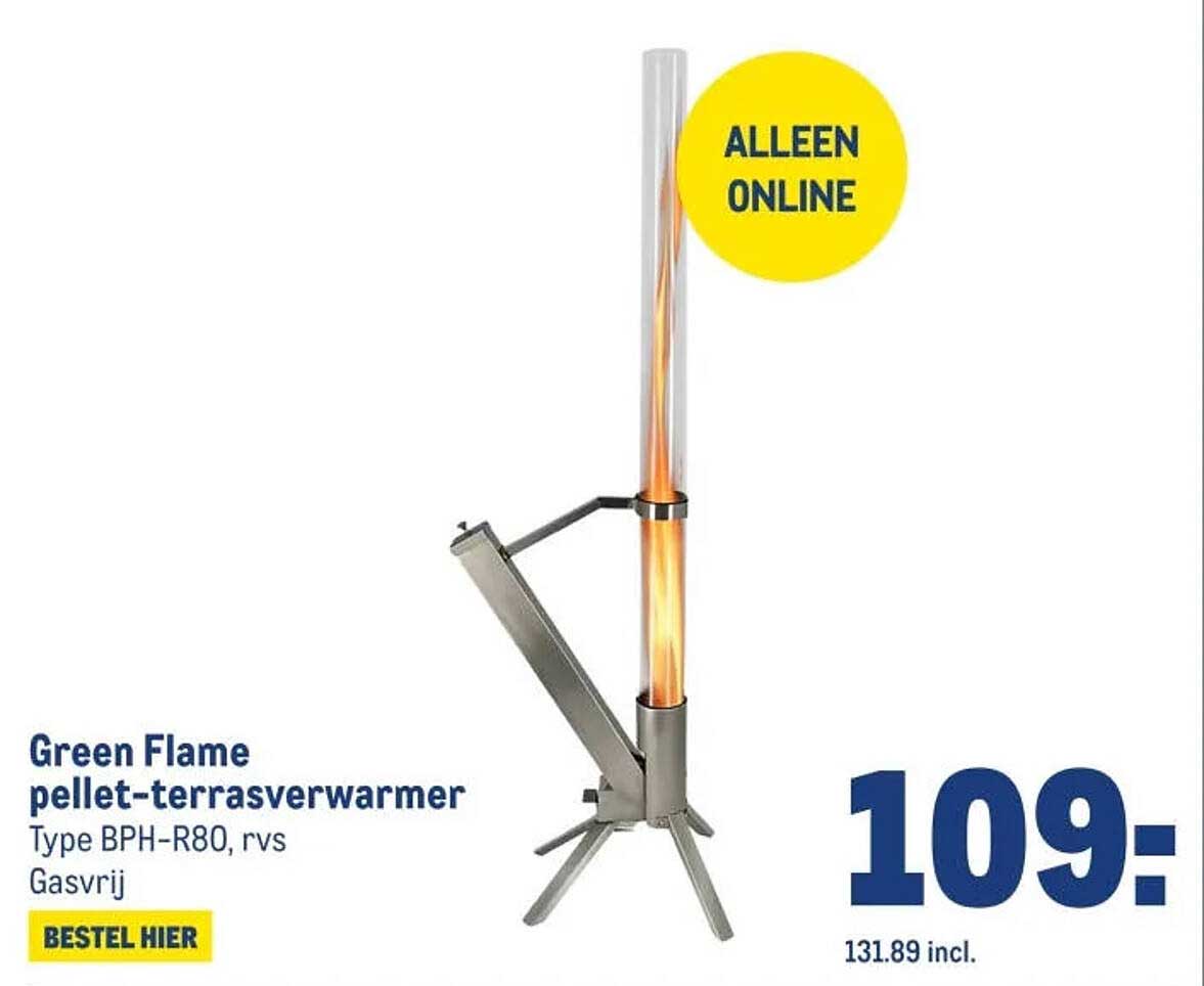 Green Flame pellet-terrasverwarmer Type BPH-R80, rvs Gasvrij