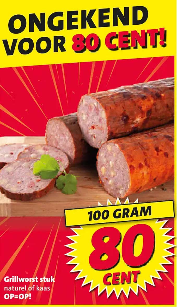 Grillworst stuk naturel of kaas OP=OP! 100 gram 80 cent