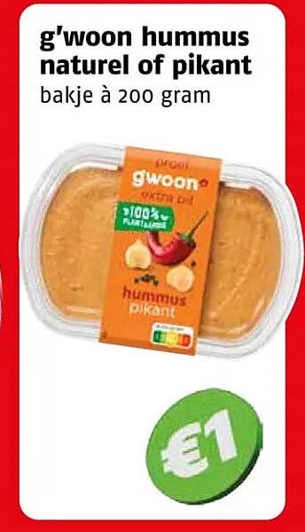 g'woon hummus naturel of pikant bakje à 200 gram