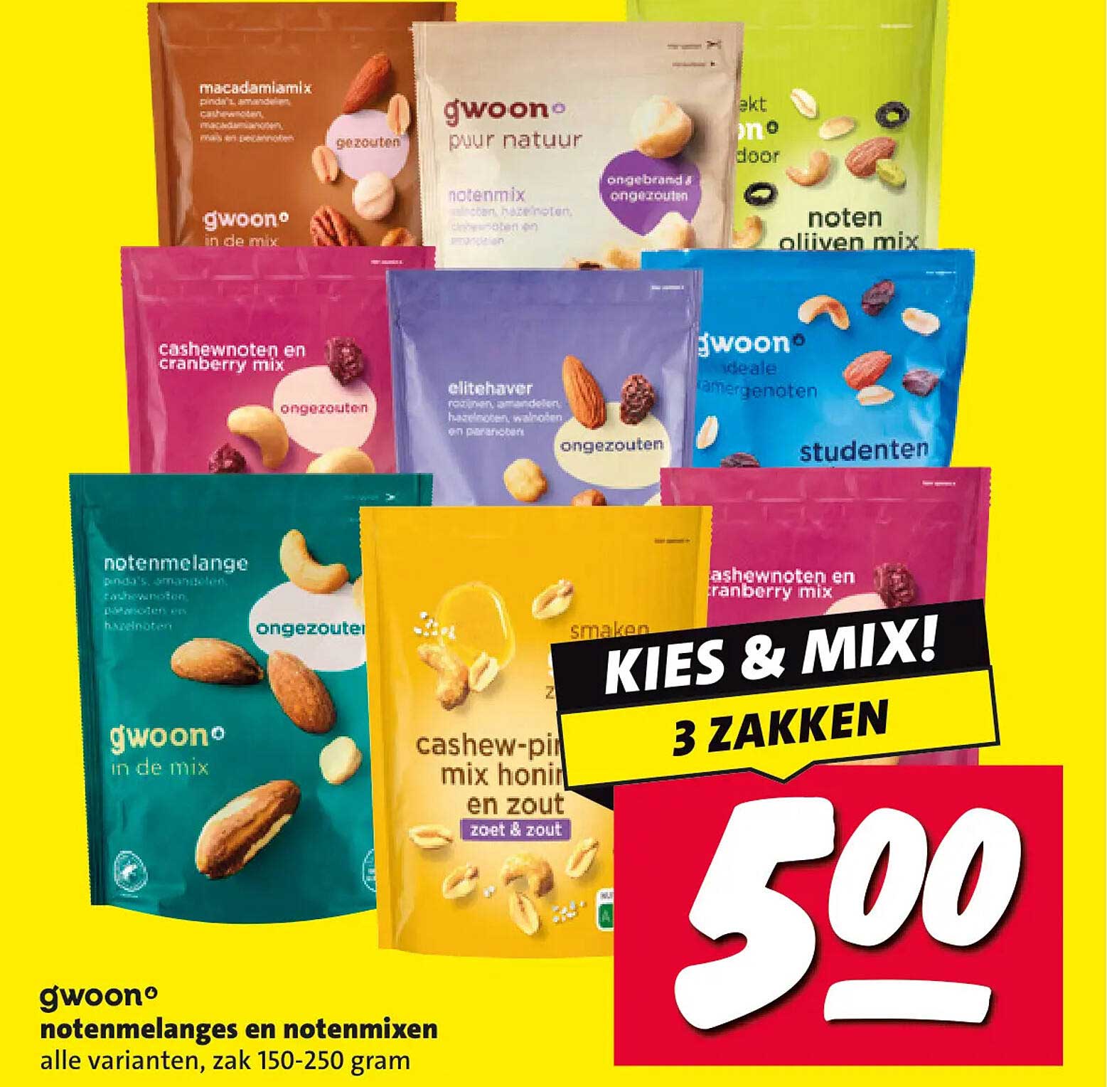 gwoon notenmelanges en notenmixen alle varianten, zak 150-250 gram KIES & MIX! 3 ZAKKEN