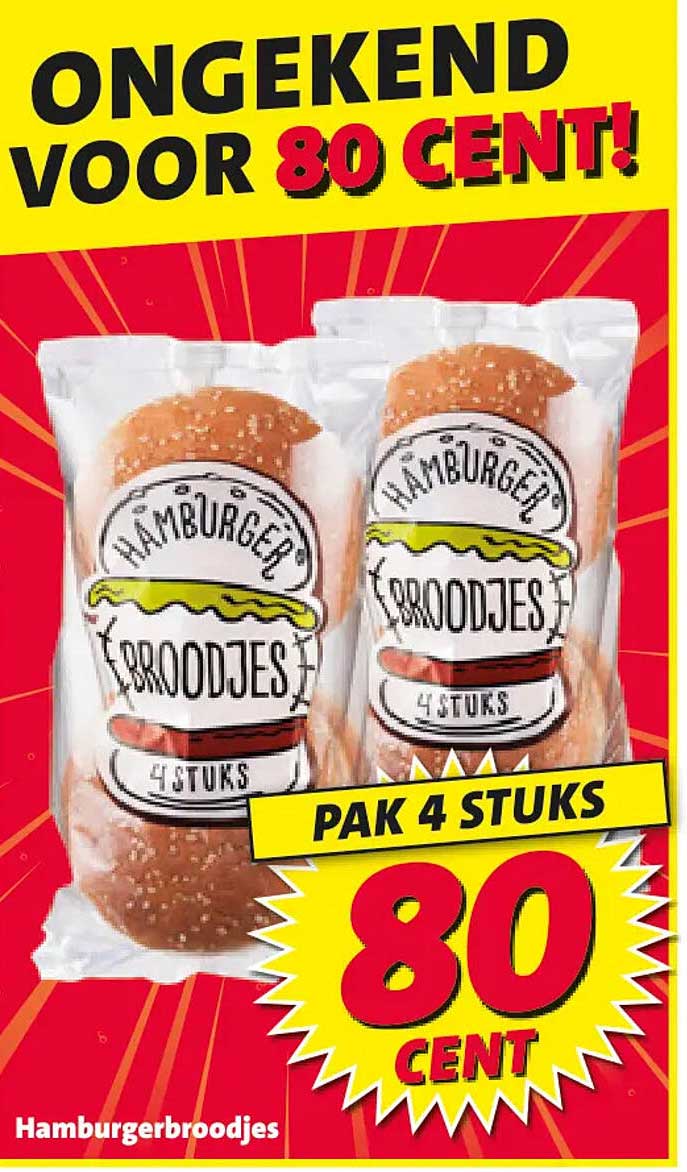 Hamburgerbroodjes pak 4 stuks 80 cent