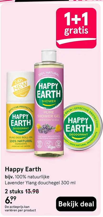 Happy Earth bijv. 100% natuurlijke Lavendel Ylang douchegel 300 ml 1+1 gratis
