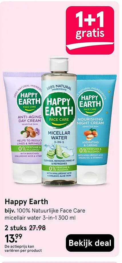 Happy Earth biv. 100% Natuurlijke Face Care micellair water 3-in-1 300 ml 2 stuks 27.98 1+1 gratis