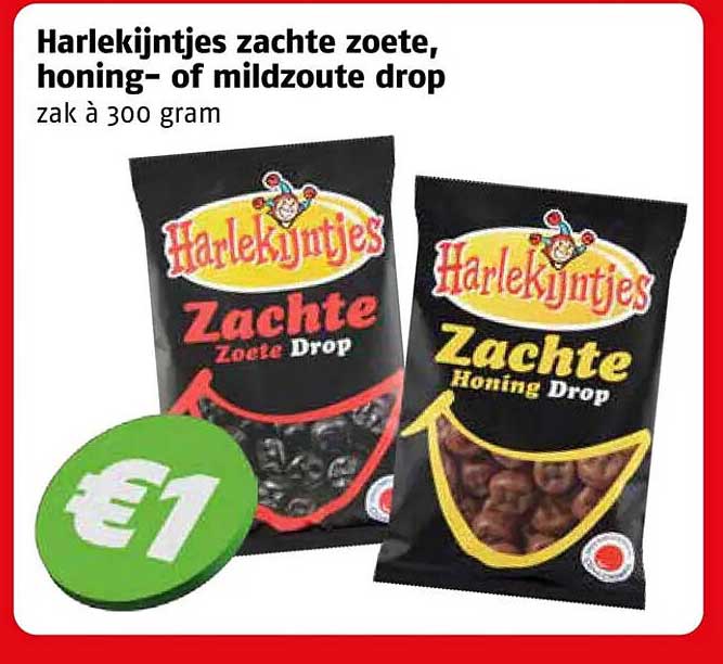 Harlekijntjes zachte zoete, honing- of mildzoete drop zak à 300 gram