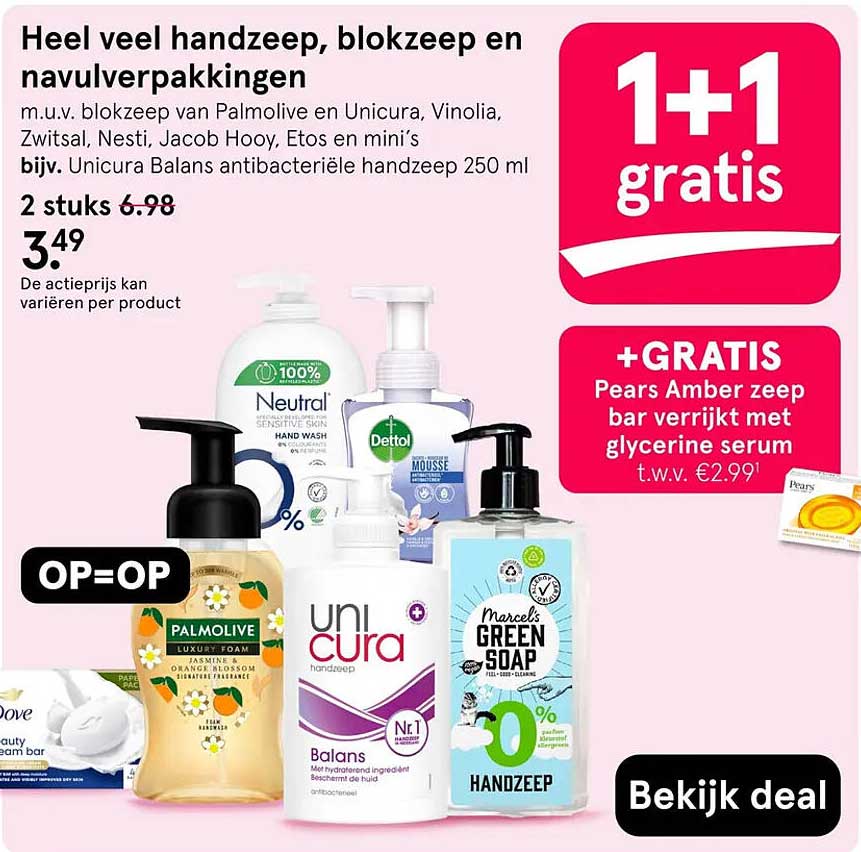 Heel veel handzeep, blokzeep en navulverpakkingen 1+1 gratis
