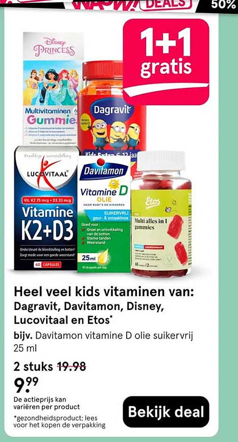 Heel veel kids vitaminen van: Dagravit, Davitamon, Disney, Lucovitaal en Etos* 1+1 gratis