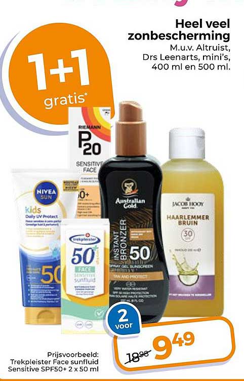 Heel veel zonbescherming M.u.v. Altruist, Drs Leenarts, mini's, 400 ml en 500 ml. 1+1 gratis