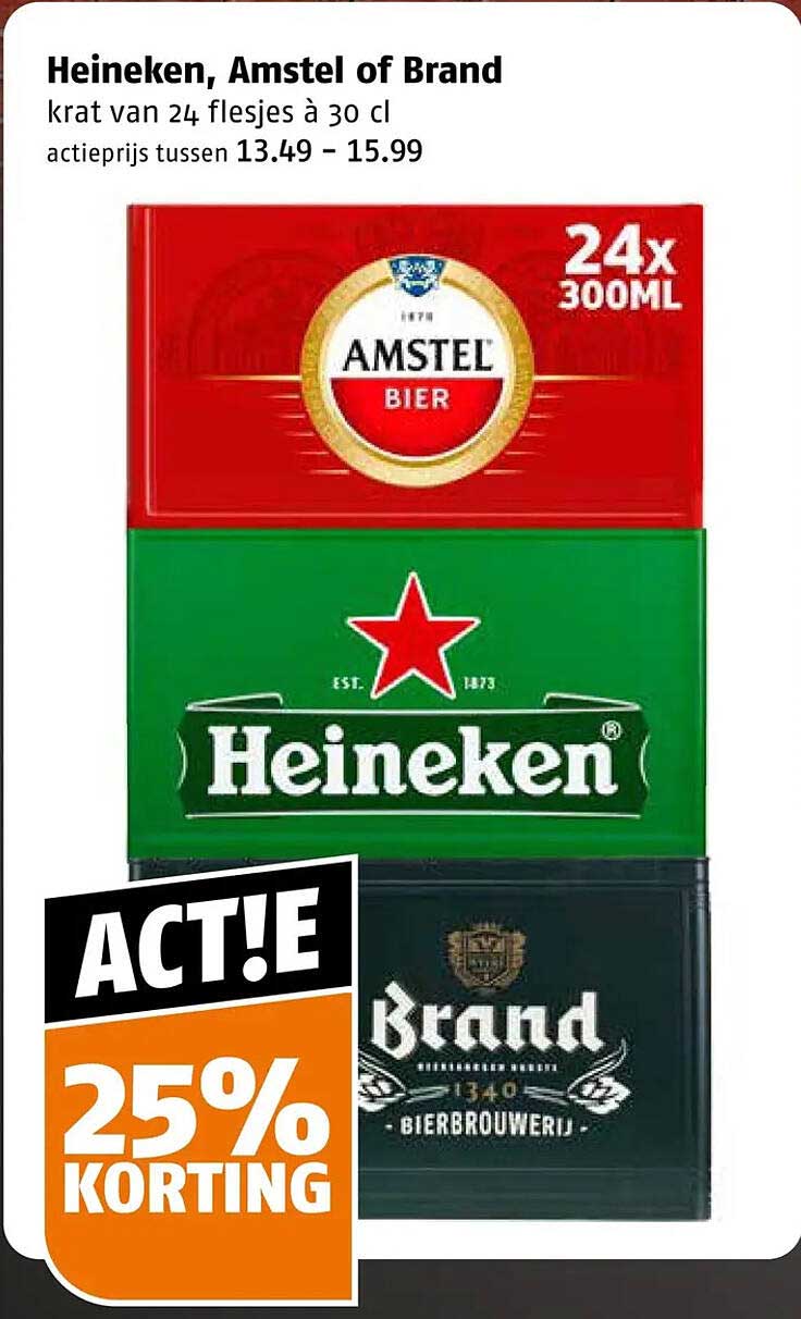 Heineken, Amstel of Brand krat van 24 flesjes à 30 cl 25% korting