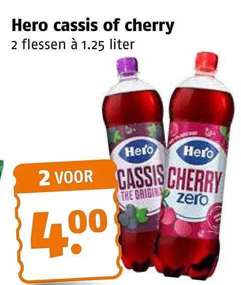 Hero cassis of cherry 2 flessen à 1.25 liter 2 voor