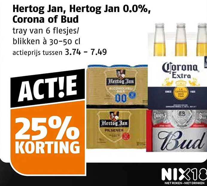 Hertog Jan, Hertog Jan 0.0%, Corona of Bud tray van 6 flesjes/blikken à 30-50 cl 25% KORTING