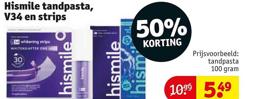 Hismile tandpasta, V34 en strips 50% KORTING