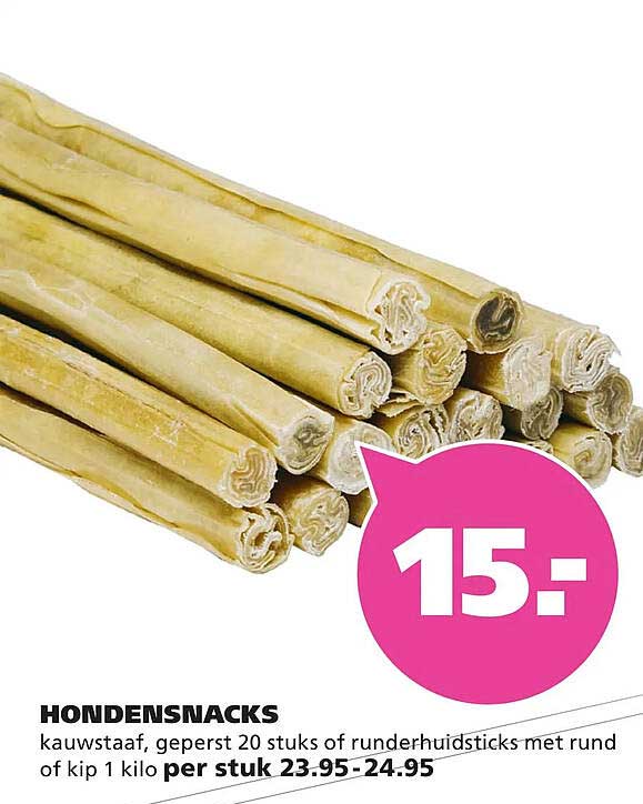 HONDENSNACKS kauwstaaf, geperst 20 stuks of runderhuidsticks met rund of kip 1 kilo per stuk