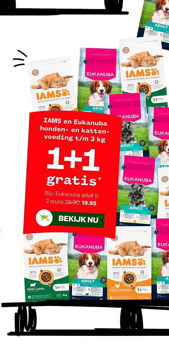 IAMS en Eukanuba honden- en kattenvoeding t/m 3 kg 1+1 gratis