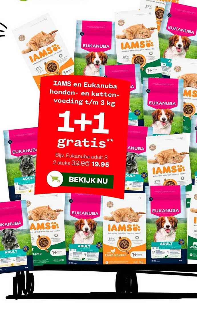 IAMS en Eukanuba honden- en kattenvoeding t/m 3 kg 1+1 gratis