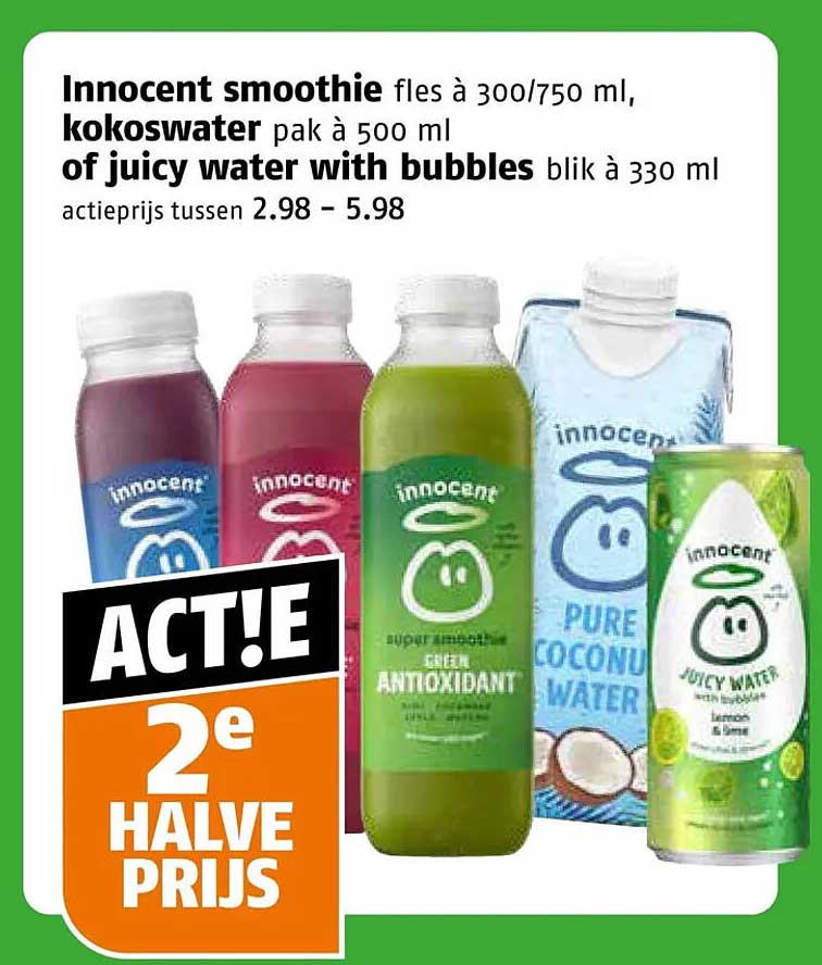 Innocent smoothie fles à 300/750 ml, kokoswater pak à 500 ml of juicy water with bubbles blik à 330 ml 2e halve prijs