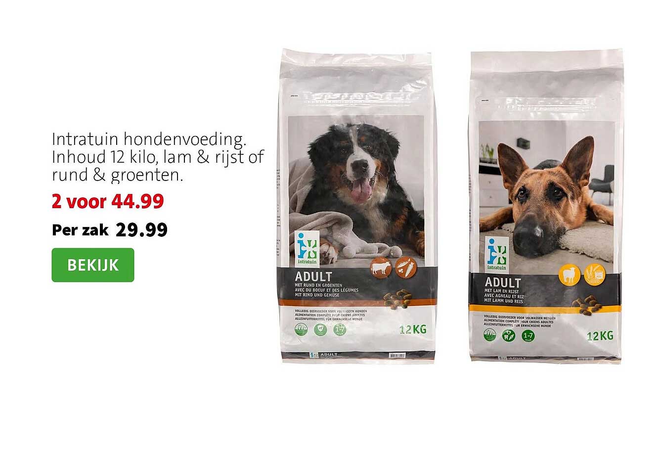 Intratuin hondenvoeding. Inhoud 12 kilo, lam & rijst of rund & groenten. 2 voor 44.99