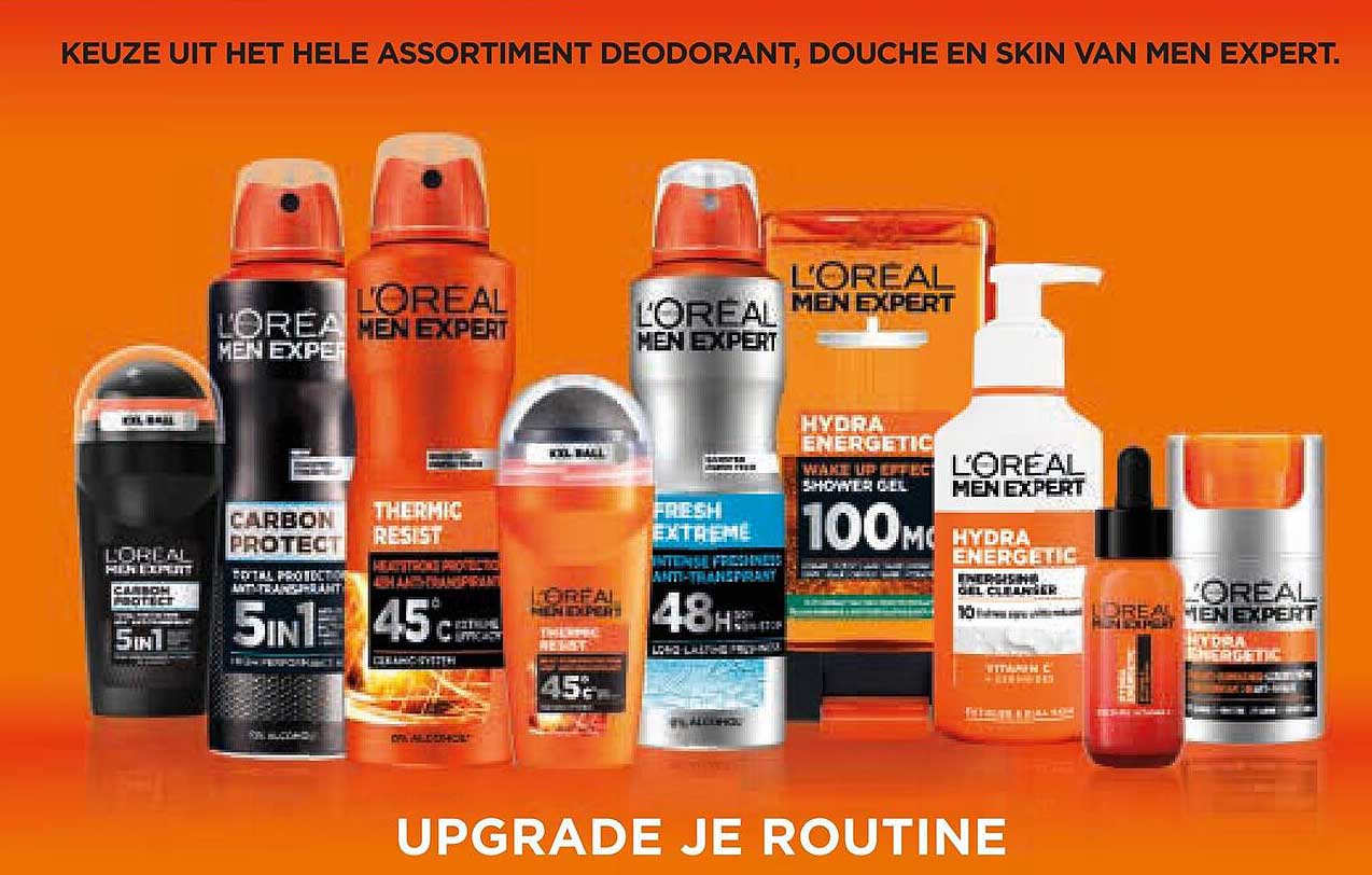 Keuze uit het hele assortiment deodorant, douche en skin van Men Expert. UPGRADE JE ROUTINE