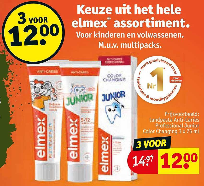 Keuze uit het hele elmex assortiment. Voor kinderen en volwassenen. M.u.v. multipacks. 3 voor 12.00