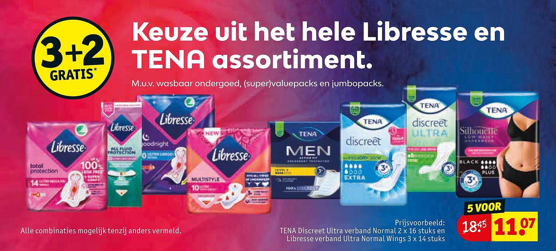 Keuze uit het hele Libresse en TENA assortiment. 3+2 GRATIS*