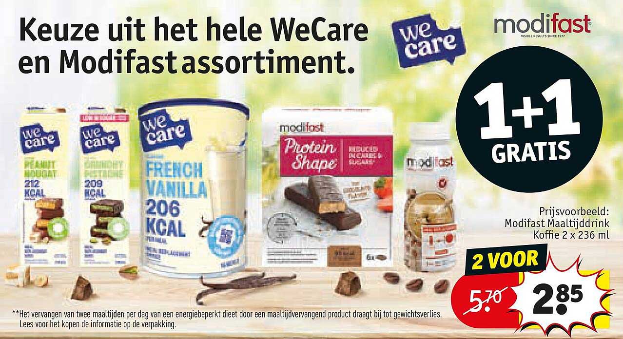 Keuze uit het hele WeCare en Modifastassortiment. 1+1 GRATIS