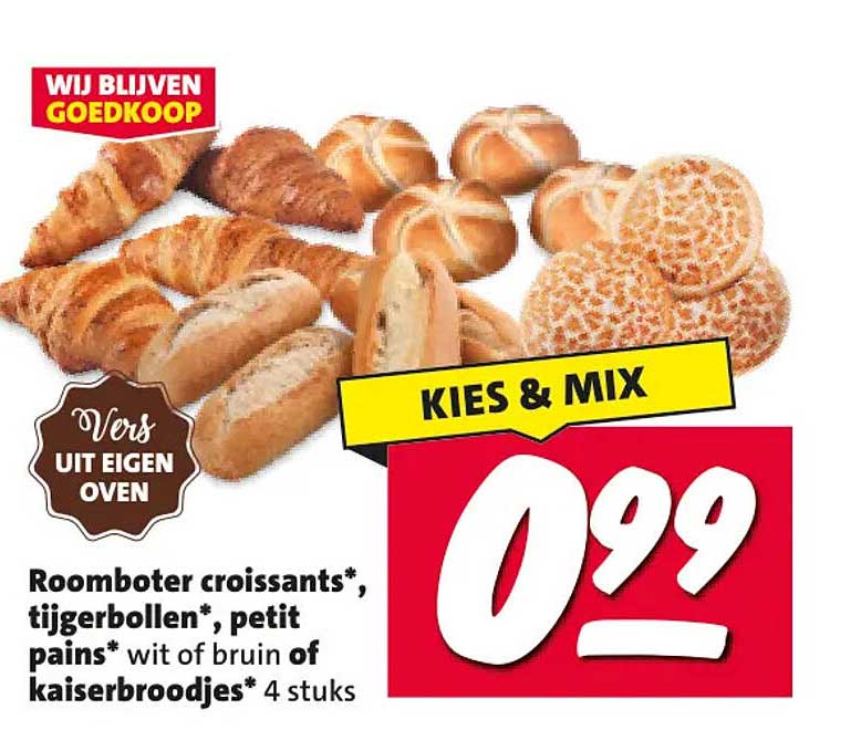 KIES & MIX Roomboter croissants*, tijgerbollen*, petit pains* wit of bruin of kaiserbroodjes* 4 stuks