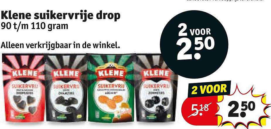 Klene suikervrije drop 90 t/m 110 gram 2 voor 2.50