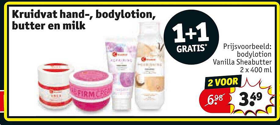 Kruidvat hand-, bodylotion, butter en milk 1+1 GRATIS