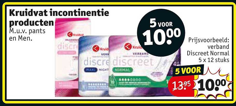 Kruidvat incontinentie producten M.u.v. pants en Men. 5 voor 10,00