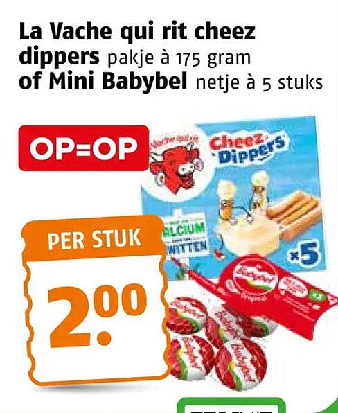 La Vache qui rit cheez dippers pakje à 175 gram of Mini Babybel netje à 5 stuks OP=OP