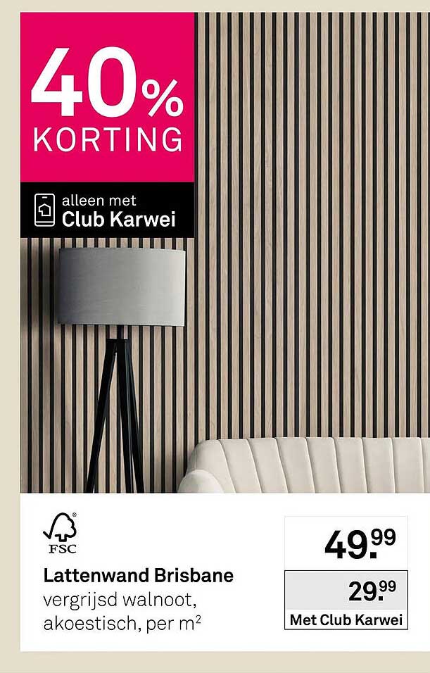 Lattenwand Brisbane vergrijsd walnoot, akoestisch, per m² 40% korting alleen met Club Karwei