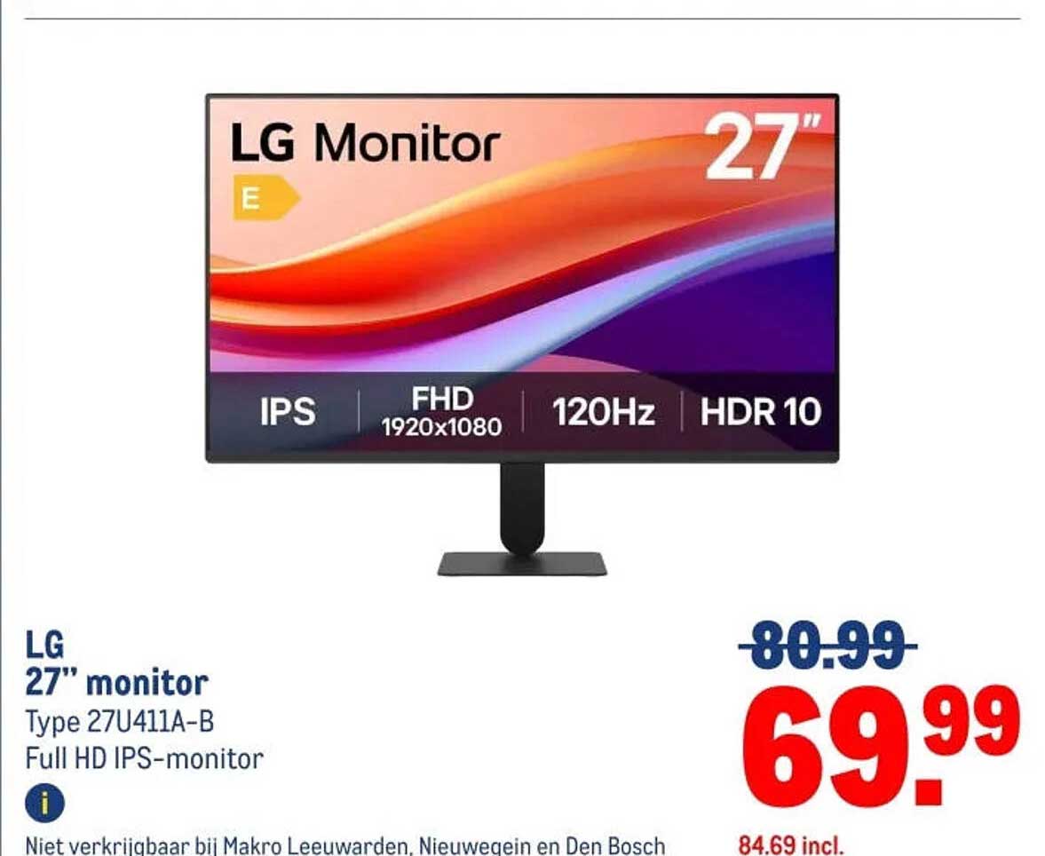LG 27” monitor Type 27U411A-B Full HD IPS-monitor