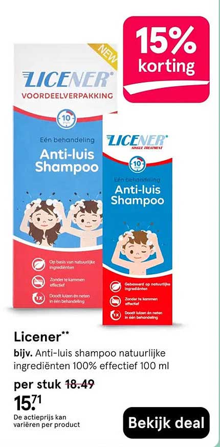 Licener** bijv. Anti-luis shampoo natuurlijke ingrediënten 100% effectief 100 ml 15% korting