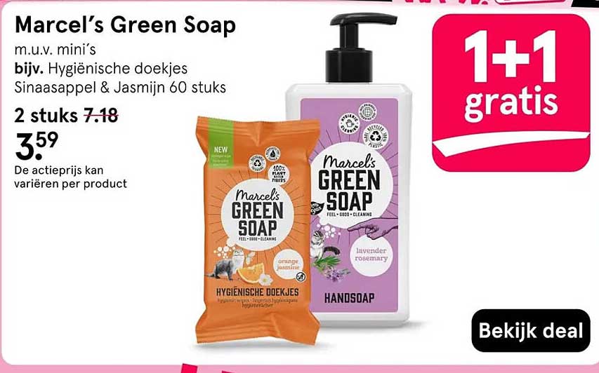 Marcel’s Green Soap m.u.v. mini's bijv. Hygiënische doekjes Sinaasappel & Jasmijn 60 stuks 1+1 gratis
