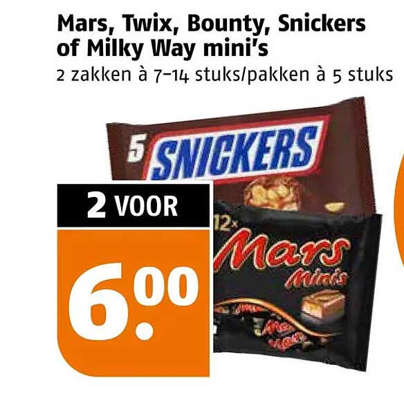 Mars, Twix, Bounty, Snickers of Milky Way mini's 2 voor 6.00