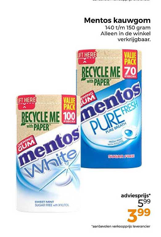 Mentos kauwgom 140 t/m 150 gram Alleen in de winkel verkrijgbaar.